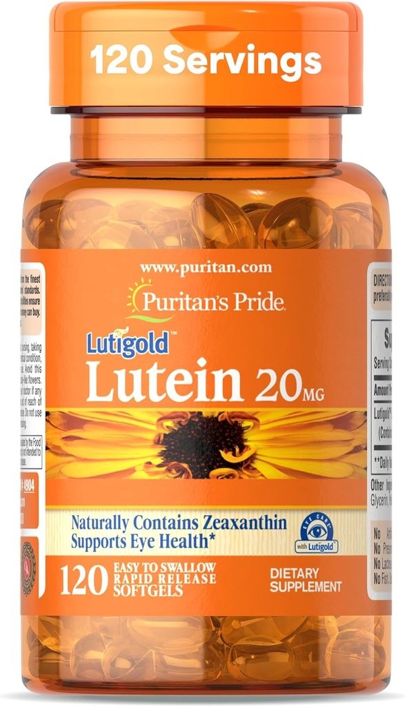 Puritan's Pride Premium LutigoldTM Lutein Caroténoïde 20mg avec Zeaxanthin pour les hommes et les femmes, complément alimentaire pour le soutien de la santé oculaire, 8 mois d'approvisionnement, 120 Softgels faciles à avaler