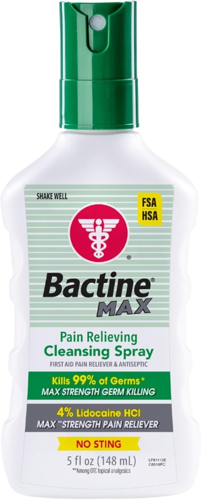 Bactine Max Pain soulageant le spray antiseptique avec la lidocaïne, les premiers soins Douleur + Démangeaison, sans piqûre, tue 99% des Germs*, 5oz