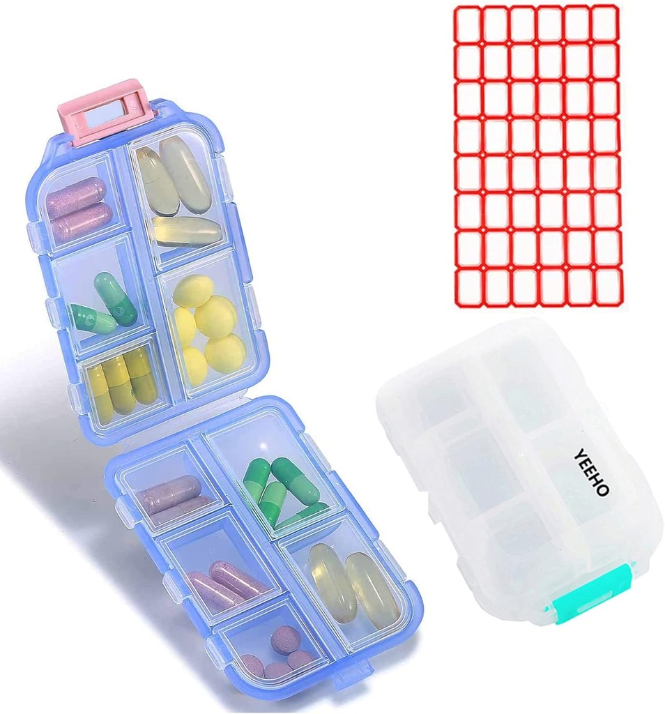 Pill Case (2 Pack) - Portable Petits Suppléments Comprimé Boîte de récipient avec 10 Compartiments - Médicament Vitamine Organizer Distributeur de stockage pour Voyage Voyage Poche Purse (Blue+White)