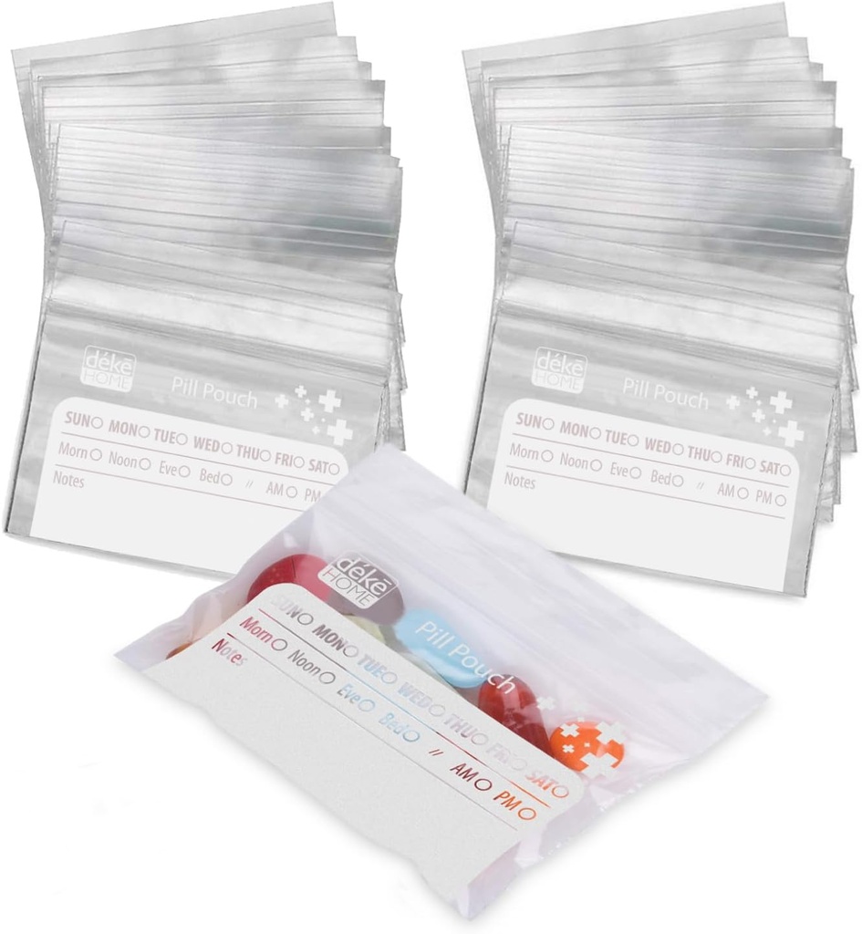 Deke Home - 250 Pack Sacs à pilules transparents refermables (4x2,75 po), Pochettes de médecine de voyage avec étiquette sur papier, sans BPA-libre Organisateur de pilules jetables pour les médicaments, vitamines et suppléments
