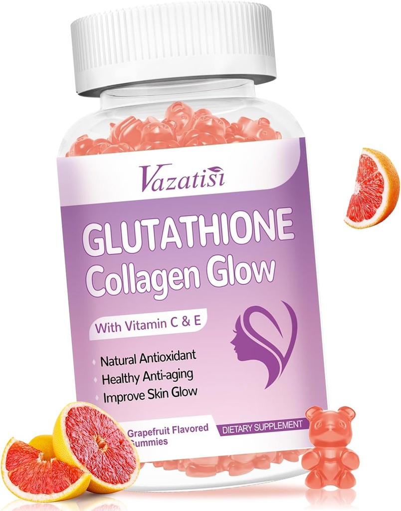 Glutathion Collagen Glow Gummies, Collagen Gummies avec vitamine C, E, supplément de glutathion pour les femmes, soins de la peau, anti-âge, saveur de pamplemousse, 60 comte