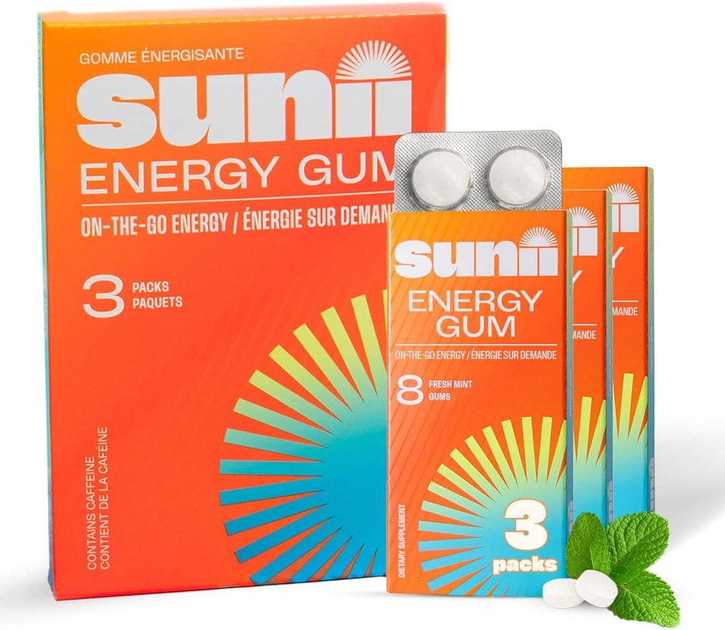 SUNII ENERGY GUM - Nouveau boost rapide énergie et focus - 50mg Caffeine Gum -Vitamines B6 & B12, Taurine, Vegan, Pas de sucre, Zero Calorie, Bouche de menthe fraîche - Plus rapide que les bouchées, boissons, gels et pilules (24pcs)