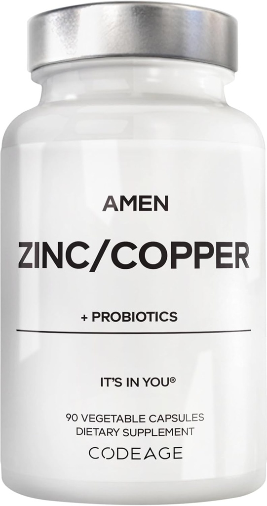 Amen Zinc & Copper Supplement + Probiotics, 3 Months Supply, One Per Day - 50 mg Zinc Picolinate Vitamin Pills - Essential Minerals Supplements – 2 Billion CFUs Probiotic – Vegan, Non-GMO, 90 Capsules