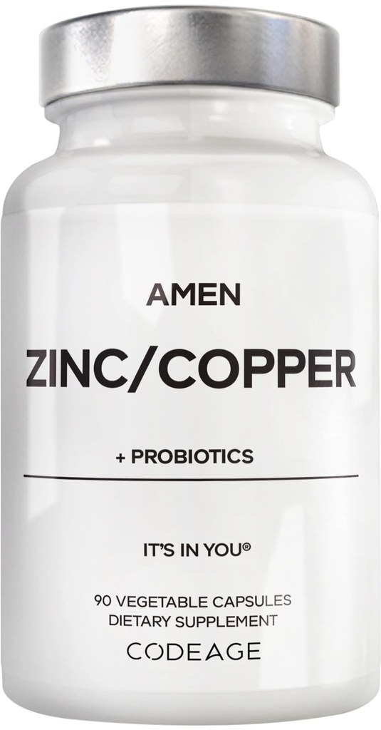 Amen supplément de zinc et de cuivre + probiotiques, 3 mois d'approvisionnement, 1 par jour - 50 mg Picolinate de zinc pilules de vitamine - suppléments minéraux essentiels – 2 milliards d'UFC probiotique – végétalien, non-OGM, 90 capsules