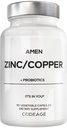 Amen supplément de zinc et de cuivre + probiotiques, 3 mois d'approvisionnement, 1 par jour - 50 mg Picolinate de zinc pilules de vitamine - suppléments minéraux essentiels – 2 milliards d'UFC probiotique – végétalien, non-OGM, 90 capsules