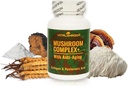 Complexe de champignons avec anti-âge. Suppléments anti-âge à base de champignons naturels avec Chaga, Lion, Cordyceps, Reishi, Collagène, Acide hyaluronique, Vitamines B1, B2, B6, C, D.