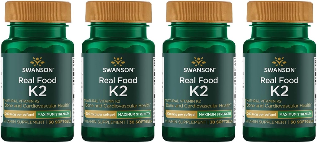Swanson Maximum Strength Vitamine K2 (Ménaquinone-7)- Supplément de vitamine pour soutenir la santé cardiovasculaire et osseuse-Fabriqué à partir de Natto japonais pour aider à réguler le calcium (30 softgels, 200mcg chacun) (4 Pack)