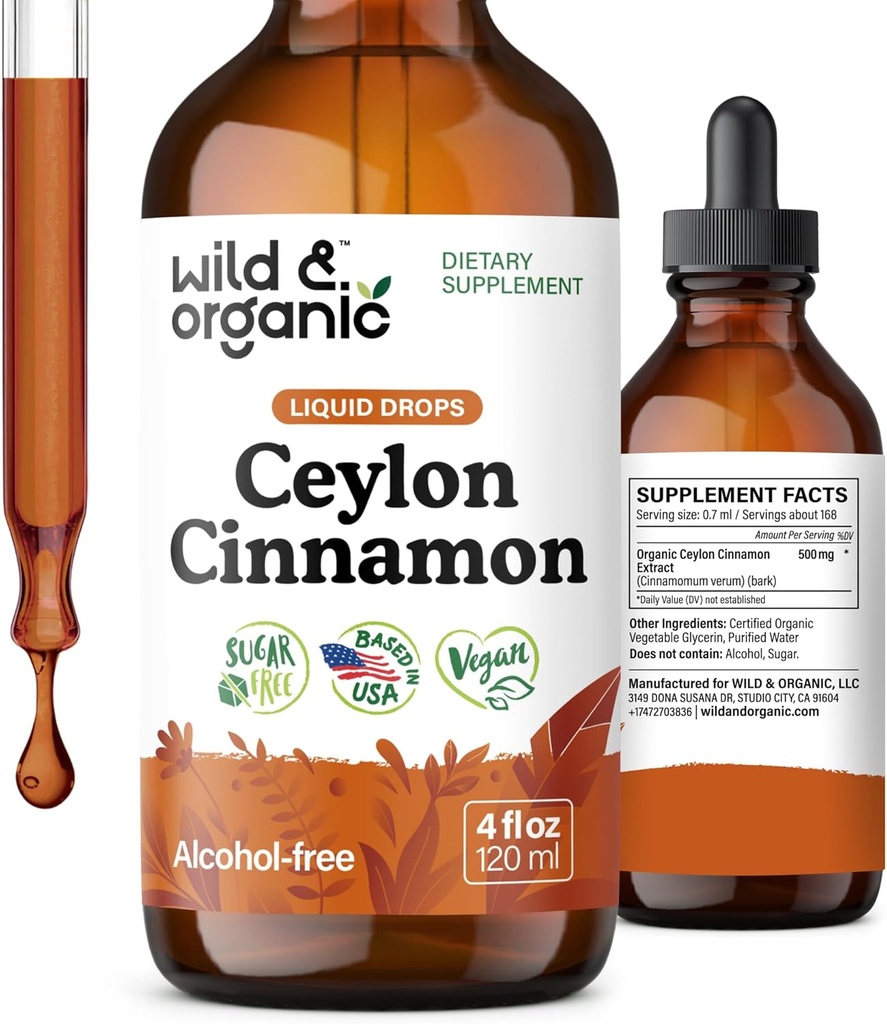 Wild & Organic Ceylan Cinnamon Teinture 500 mg - Suppléments de cannelle liquide pour le soutien global - Extrait d'écorce de cinnamomum Verum - végétalien, sans sucre et sans alcool, non-OGM - 4 fl oz
