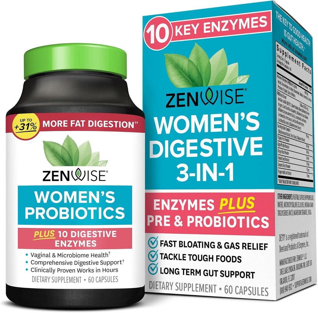 Zenwise Health 3-en-1 Supplément probiotique pour les femmes pour la santé digestive, gut Flora et vaginale - Probiotiques et prébiotiques quotidiens pour les femmes avec des enzymes digestives soutient le gonflement et le dégazage - 60 Compte