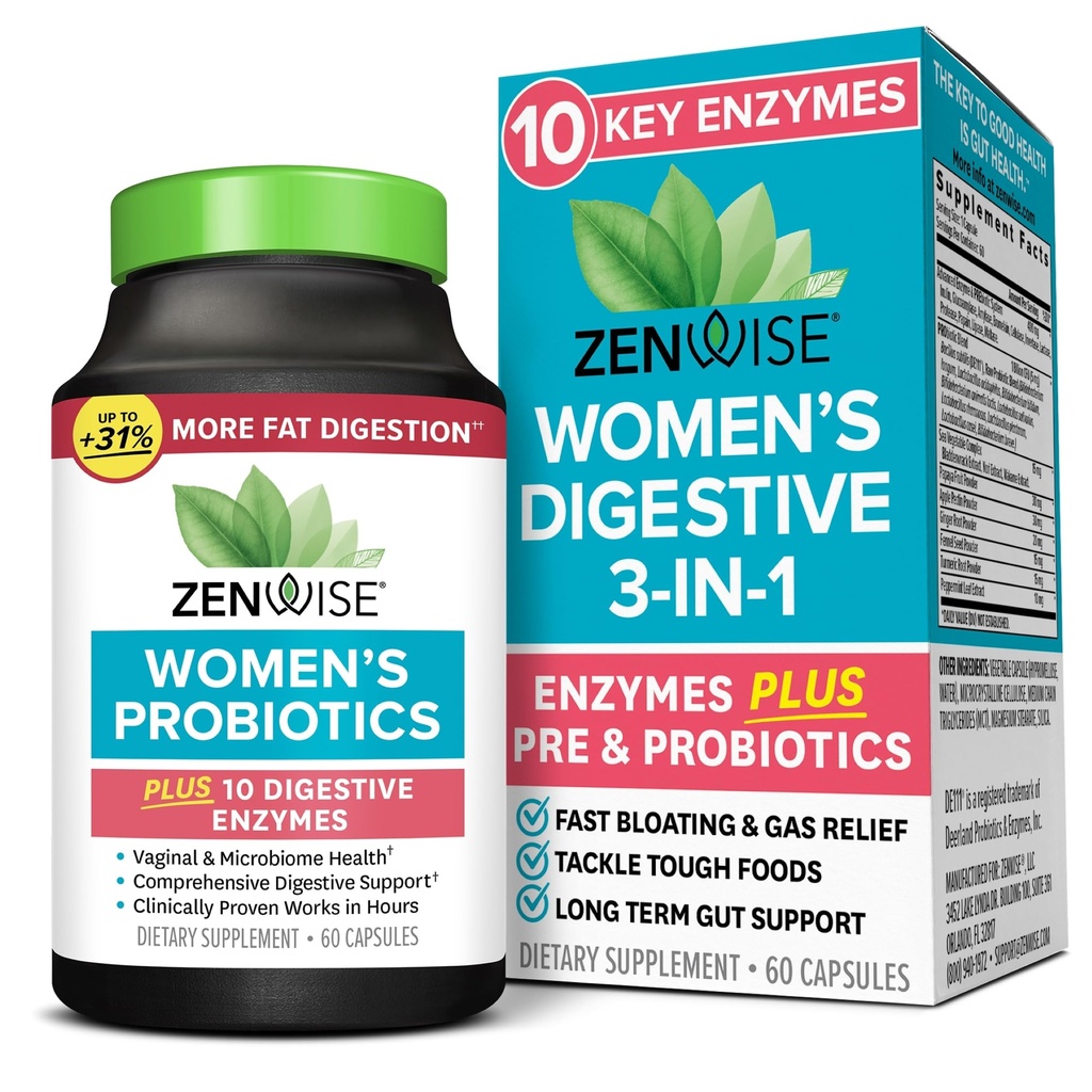 Zenwise Health 3-en-1 Supplément probiotique pour les femmes pour la santé digestive, gut Flora et vaginale - Probiotiques et prébiotiques quotidiens pour les femmes avec des enzymes digestives soutient le gonflement et le dégazage - 60 Compte