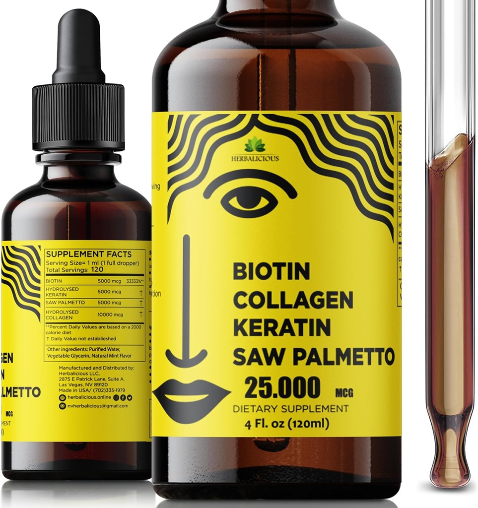 Liquid Biotin Collagen Kératin 4fl oz Liquid Supplements for Women - Complète Formule Peau de cheveux Nails Supplément avec 10000mcg Collagen 5000 mcg Biotin 5000 mcg Keratin 5000 mcg Saw Palmetto
