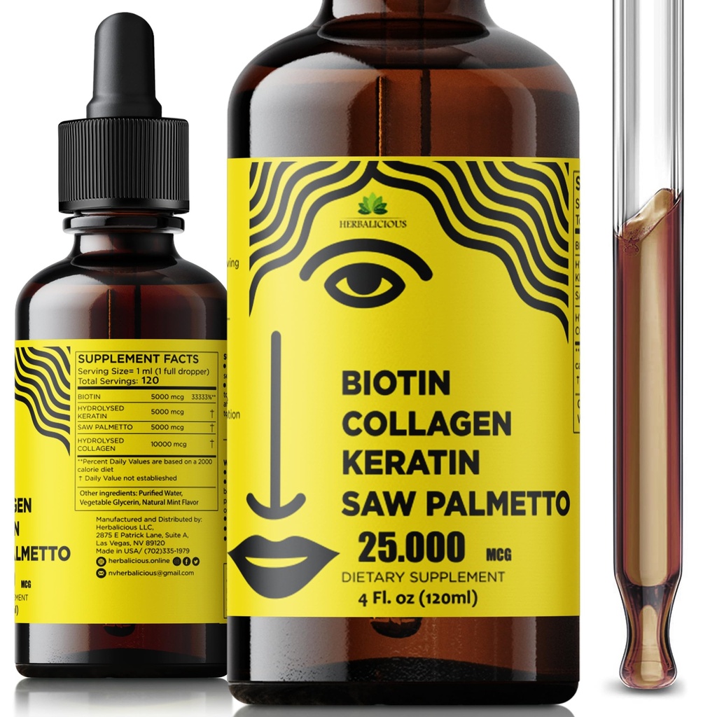 Liquid Biotin Collagen Kératin 4fl oz Liquid Supplements for Women - Complète Formule Peau de cheveux Nails Supplément avec 10000mcg Collagen 5000 mcg Biotin 5000 mcg Keratin 5000 mcg Saw Palmetto