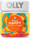 Hello Hello Happy Gummy Worms, Soutien de l'équilibre d'humeur, Vitamine D, Safran, Supplément à croquer pour adultes, Zing Tropical - 60 Comte