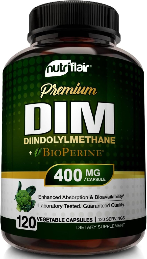 NutriFlair DIM Supplément 400mg avec Bioperine, 120 Capsules - Diindolylméthane - Soutien au métabolisme de l'estrogène et Hormone Balance, Ménopause, PCOS, Acné et soins de la peau pour les hommes et les femmes - Comparer à 300mg