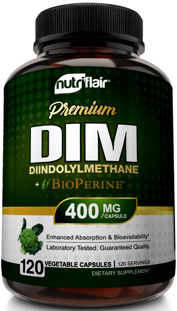 NutriFlair DIM Supplément 400mg avec Bioperine, 120 Capsules - Diindolylméthane - Soutien au métabolisme de l'estrogène et Hormone Balance, Ménopause, PCOS, Acné et soins de la peau pour les hommes et les femmes - Comparer à 300mg