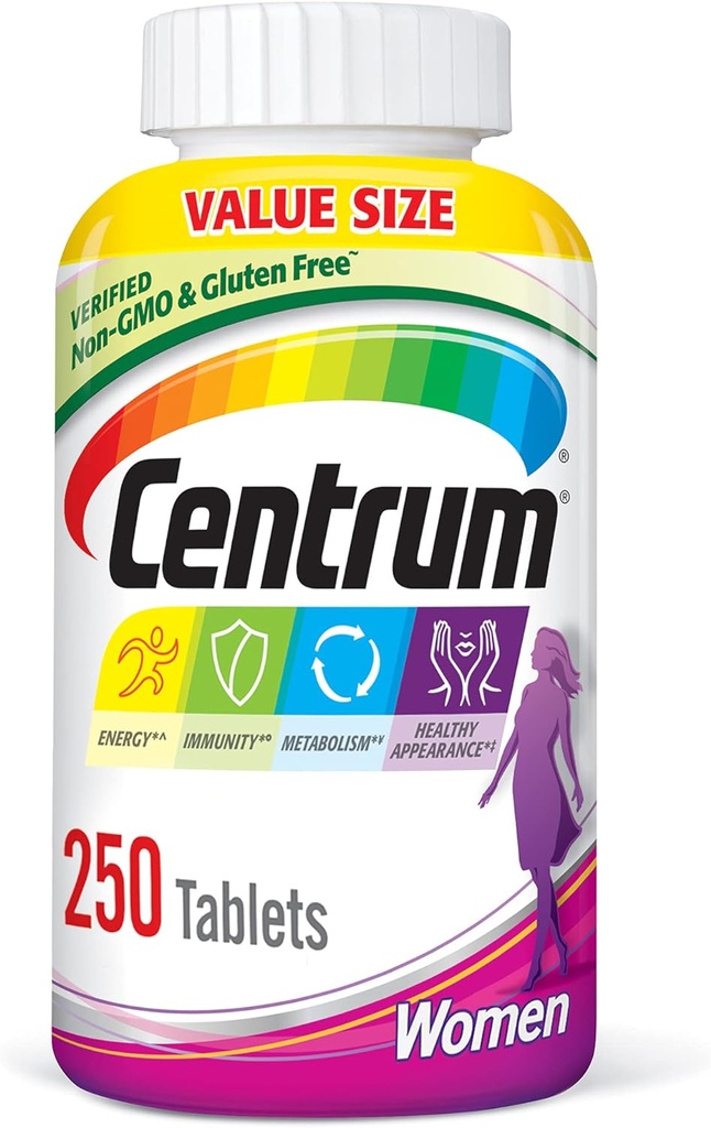 Multivitamine centrum pour femmes, supplément multivitamine/multiminérale avec fer, vitamine D3, vitamine B et vitamines antioxydantes C et E, comprimé, sans gluten, ingrédients non OGM - 250 Nombre