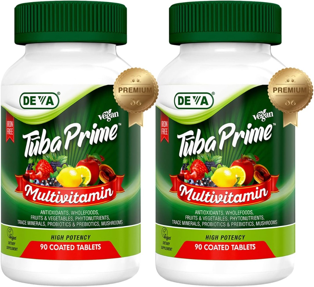 DEVA Tuba Prime Vegan Multivitamin Iron-Free Vitamine & Mineral Dietary Supplement Antioxydants, Fruit & Veg Blend, Super Champignons, Probiotiques, Prébiotiques, Graines, Herbes 90 Tabs 2-Pack