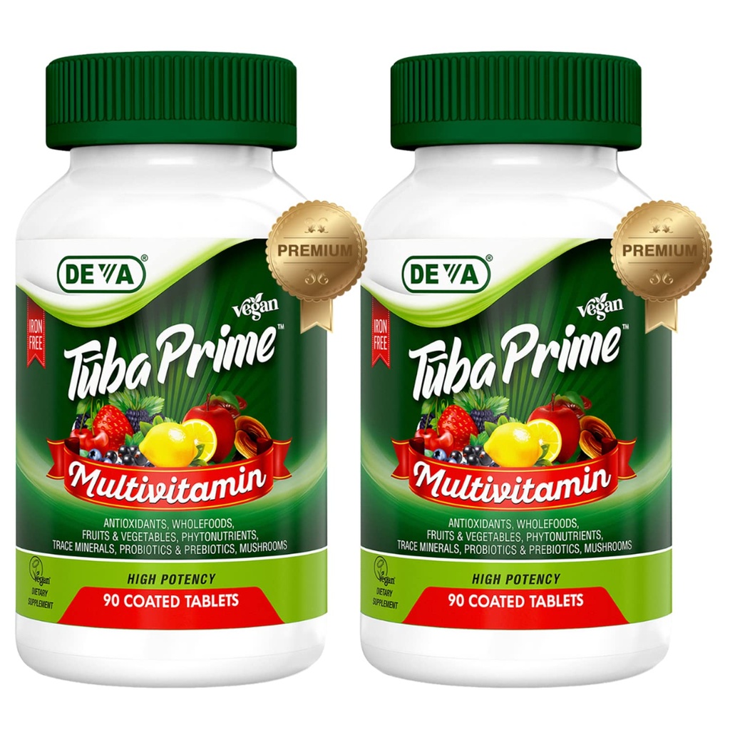 DEVA Tuba Prime Vegan Multivitamin Iron-Free Vitamine & Mineral Dietary Supplement Antioxydants, Fruit & Veg Blend, Super Champignons, Probiotiques, Prébiotiques, Graines, Herbes 90 Tabs 2-Pack