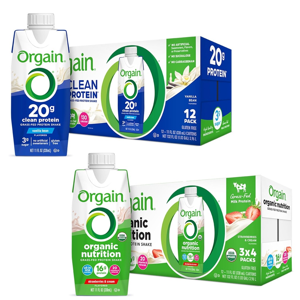 Orgain Clean Protein Shake, Grass Fed Dairy, Vanilla Bean (Pack of 12) and Orgain Organic Nutritional Protein Shake, Strawberries & Cream (Pack of 12)