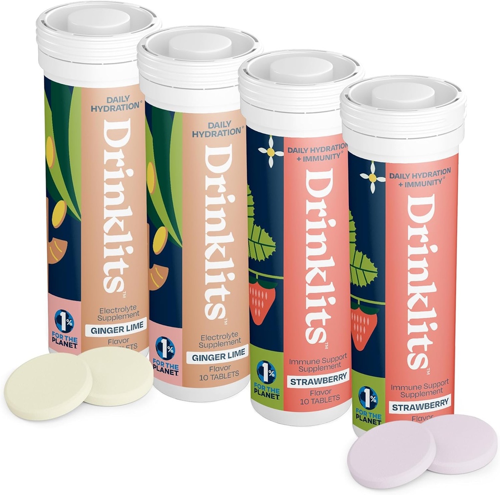 Drinklits Ginger-Lime Hydratation Electrolytes & Fraise Immmune Support Comprimés (4) Tube Combo Pack de Grand Goût – Sans gluten – Usage quotidien ► 4 Pack (40 portions)