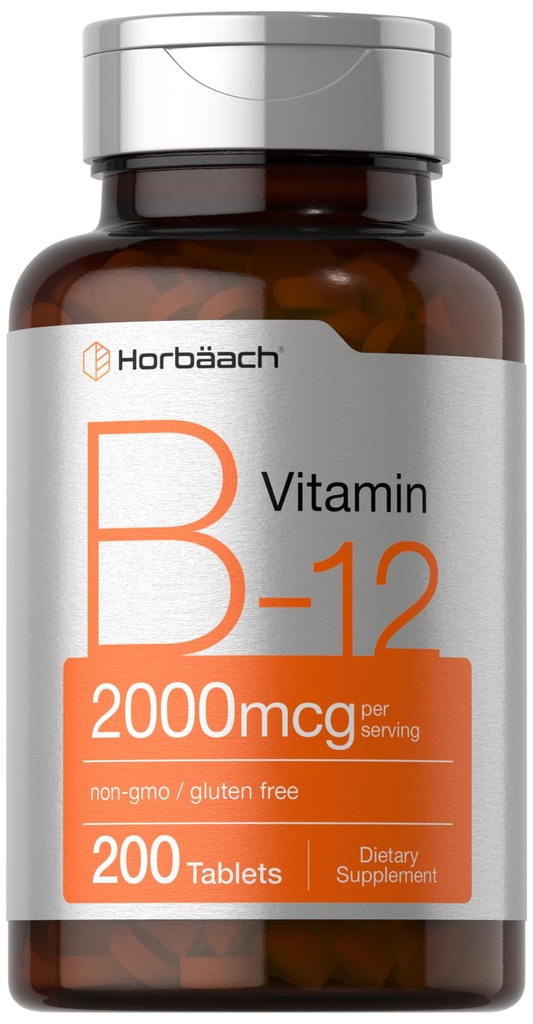 Horbäach B12 Vitamine 2000 mcg (200 comprimés) Supplément végétarien (non-OGM et sans gluten)