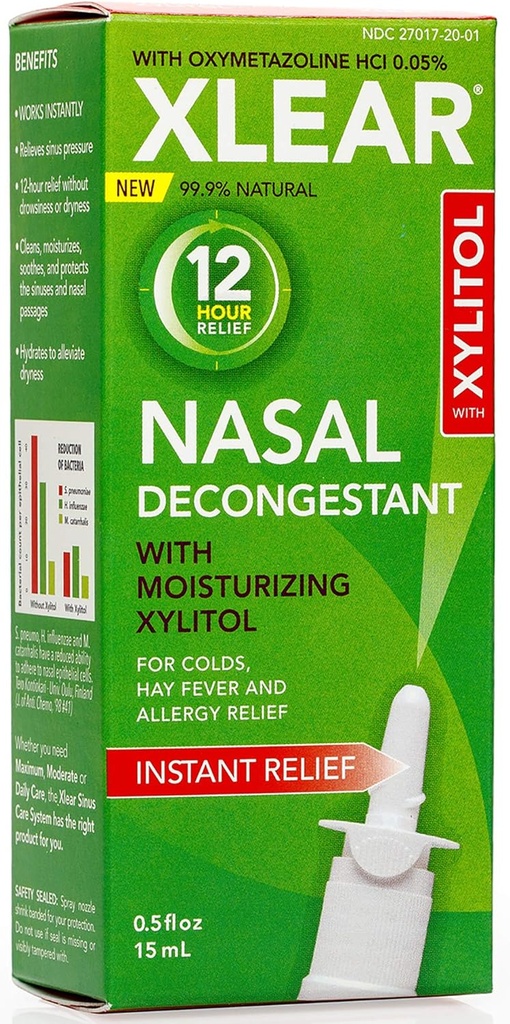 Vaporisateur naturel de 12 heures saline de nettoyage nasal avec Xylitol et Oxymétazoline, pression instantanée du sinus et soulagement de la congestion pour les enfants et les adultes 0,5 fl oz (paquet de 3)