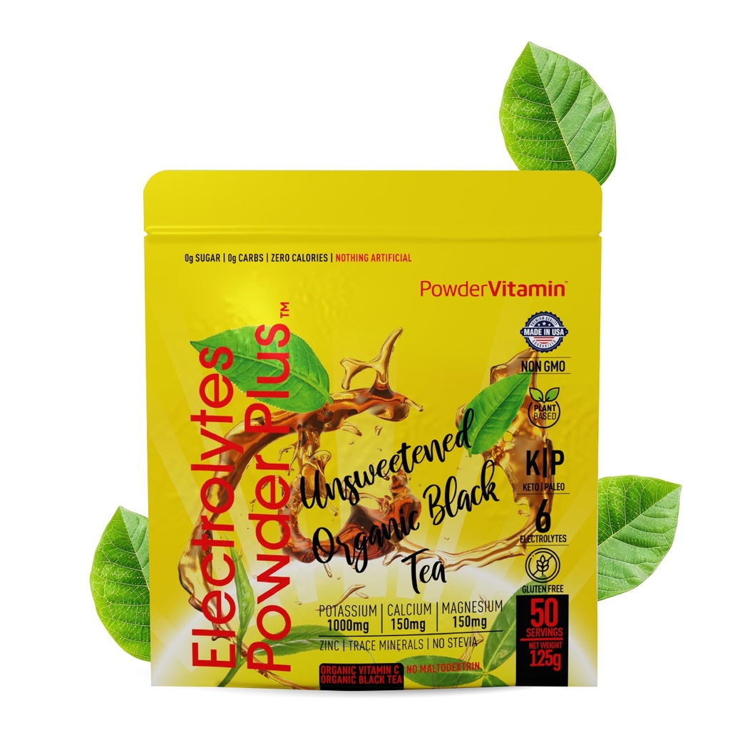 PoudreVitamine Electrolytes Poudre Plus (50 portions) Thé noir non sucré Poudre d'électrolyte Keto, sans sucre, sel d'Himalaya rose,1000mgPotassium,150mgCalcium,150mgMagnésium, Poudre d'Hydration NON STEVIA