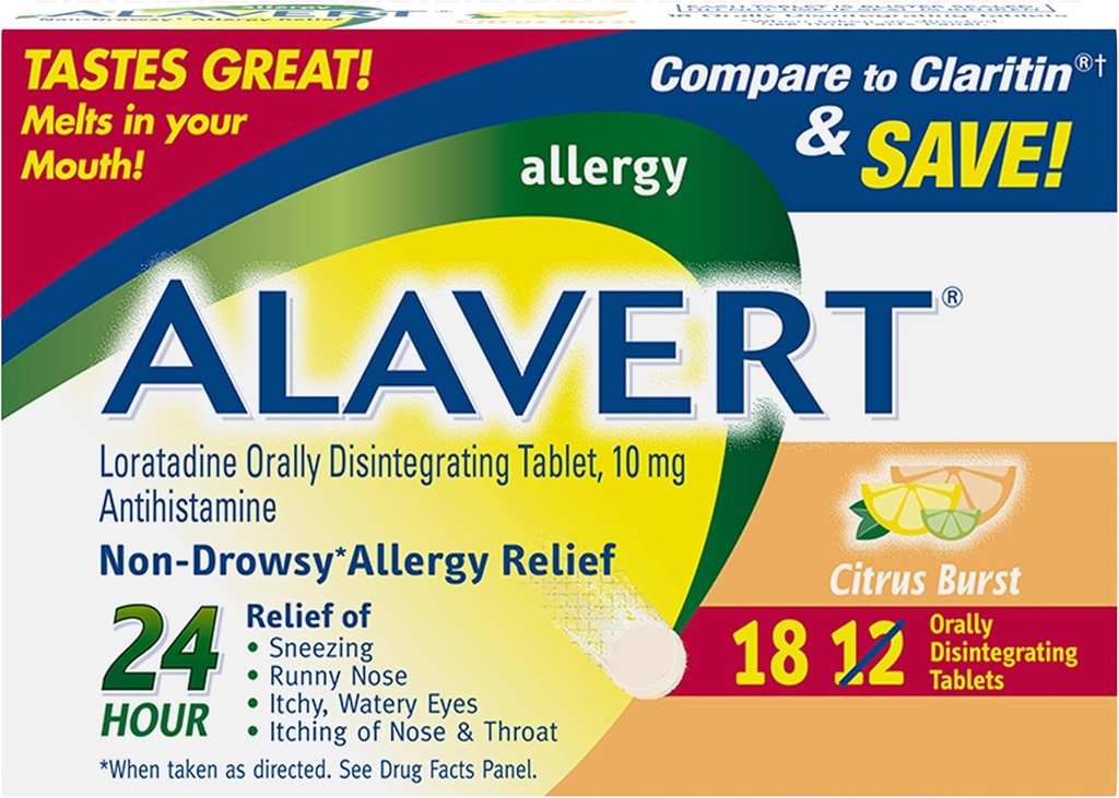 Alavert Allergie Relief 24 heures, Arôme de Burst d'agrumes, Désintégration orale des comprimés d'allergie, Antihistaminique non somnolente, Loratadine 10mg, 18 Compte
