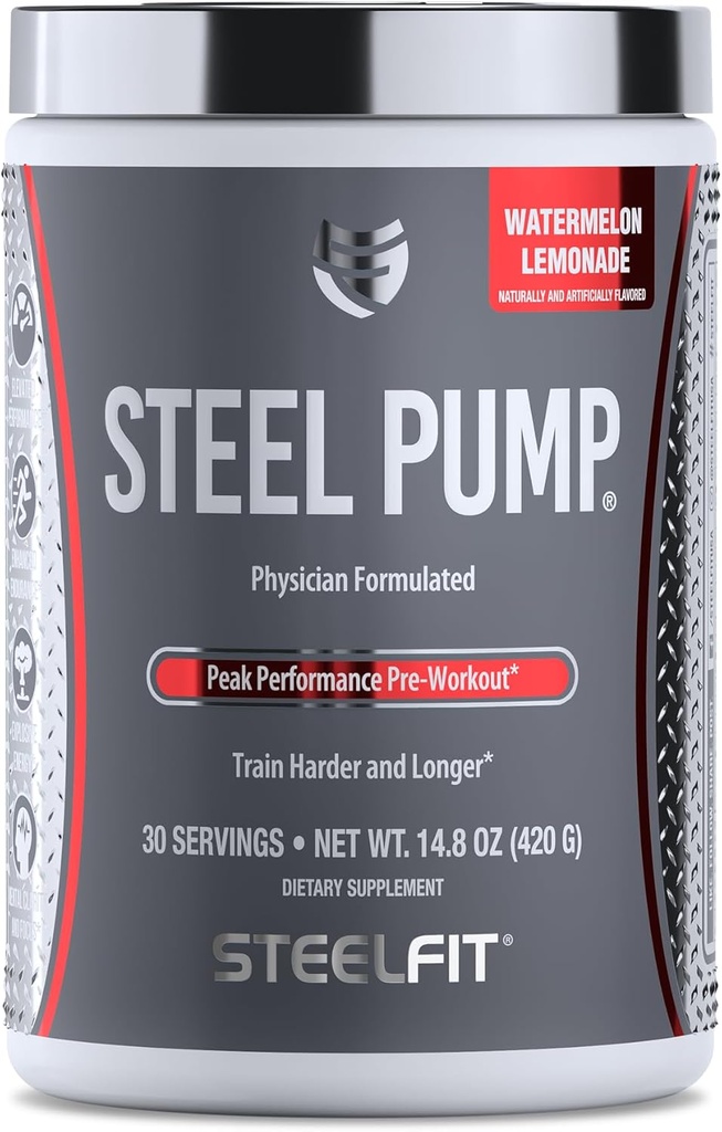 Pompe en acierFit en acier de pré-entraînement avancé Poudre et supplément à l'oxyde nitrique de la pastèque Lémonade, 30 portions pour la construction et la récupération musculaires