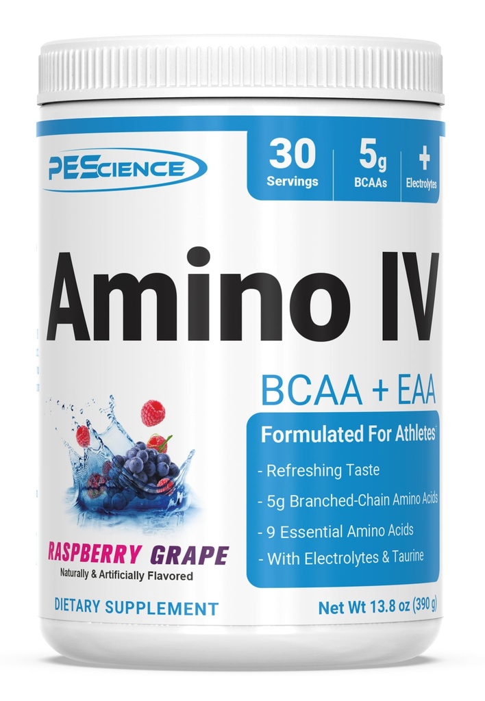 PEScience Amino IV BCAA & EAA Poudre, acides aminés essentiels, Taurine, électrolytes pour l'hydratation et la récupération musculaire, sans sucre pour les hommes et les femmes, post entraînement - Raisin de framboise - 30 portions