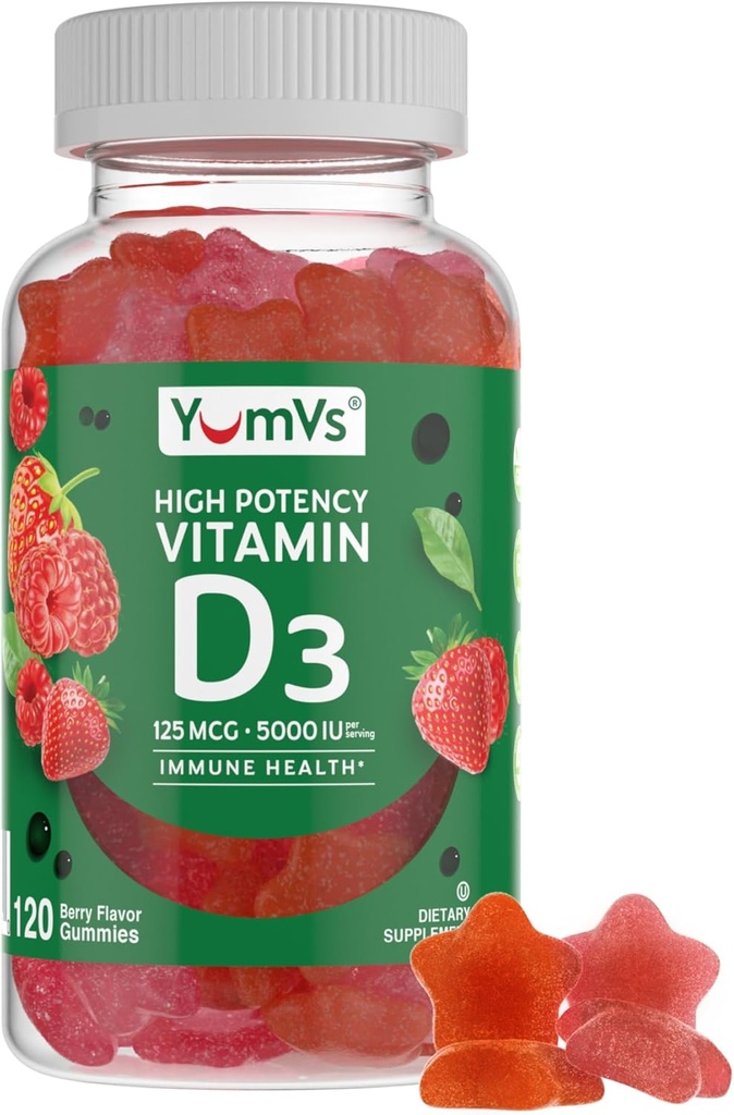 Vitamine D3 Gummies 5000 UI 125mcg D3 Gummies - Soutien immunitaire, santé osseuse forte - Non-OGM, sans gluten, sans lait, vitamine D Gummy(120 Nombre)
