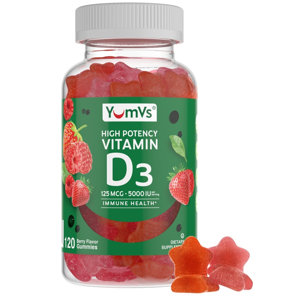 Vitamine D3 Gummies 5000 UI 125mcg D3 Gummies - Soutien immunitaire, santé osseuse forte - Non-OGM, sans gluten, sans lait, vitamine D Gummy(120 Nombre)