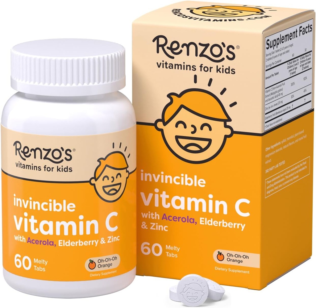 Renzo's Invincible Vitamin C for Kids with Elderberry and Zinc, Dissolvable Kids Vitamins for Immune Support, 60 Orange-Flavored Melty Tabs