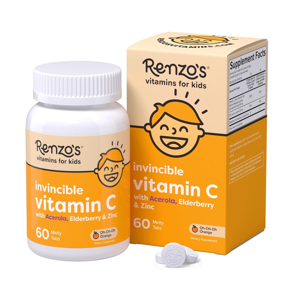 Vitamine C invincible de Renzo pour les enfants avec des baies d'eau et du zinc, Vitamines pour enfants dissolvables pour le soutien immunitaire, 60 onglets aromatisés orange