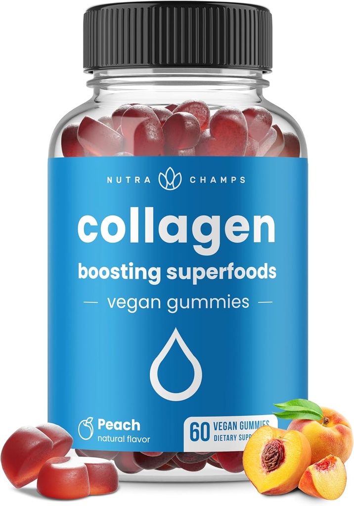 NutraChamps Collagen Boosting Gummies, Collagen Booster Gummy pour la production de collagène naturel, Vegan Pectin Suppléments Chews pour les femmes et les hommes, 60 Peach Vitamines Gummies