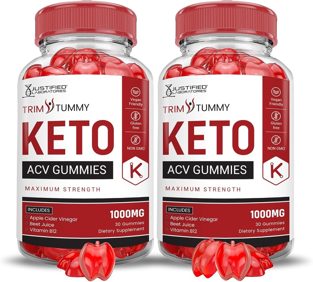 Justified Laboratories (2 Pack Trim Tummy Keto ACV Apple Cider Vinegar Formulated with Pomegranate Beet Juice Powder B12 Vegan Non GMO 120 Gummies