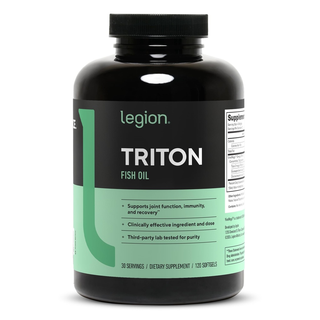 LÉGION Triton Huile de poisson Capsules - Triple Strength Omega 3 Acides gras essentiels avec vitamine E et huile de citron pour l'absorption maximale, la fraîcheur et la pureté - 2400mg EPA & DHA par portion, 30 Svgs