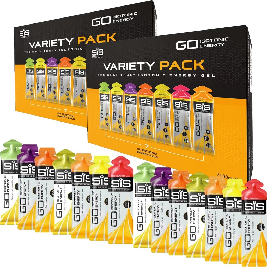 SiS Science in Sport Running Energy Gels, plein d'électrolytes, bon pour l'hydratation, pack de variétés de saveurs, végétalien, sans gluten et sans lait, 14 x 60ml, orange