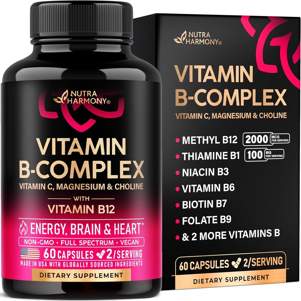 Complexe Vitamine B pour les hommes et les femmes - Riboflavine B2, B12, B1, B3, B5, B6, B7, B8, B9.