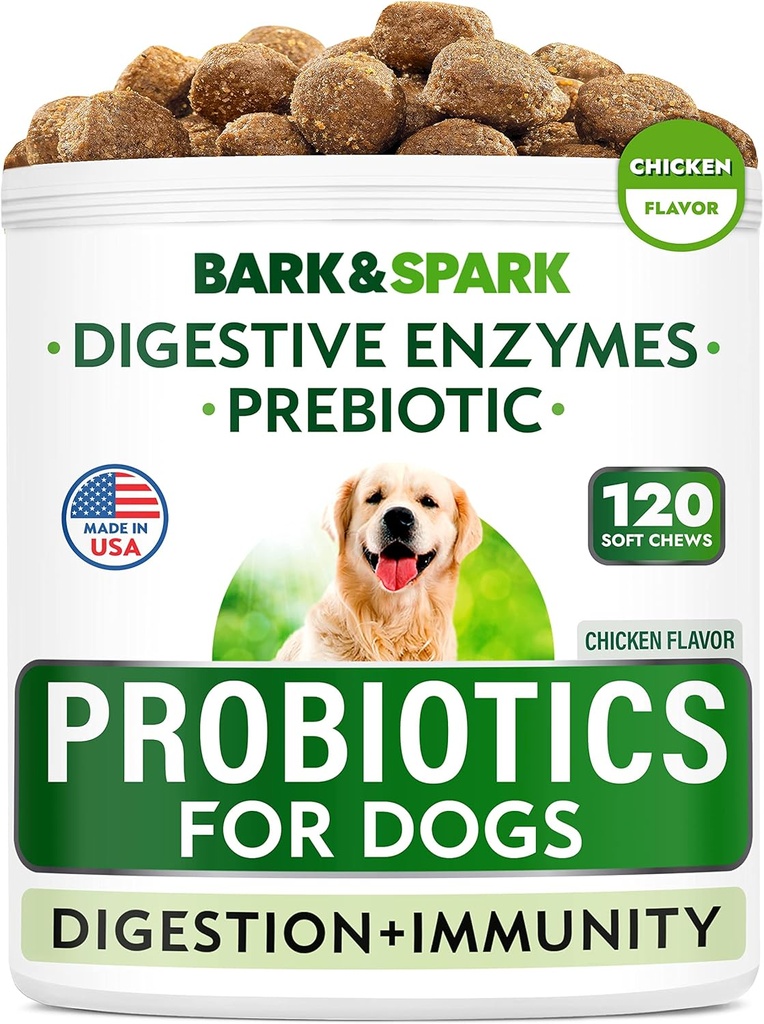 BARK&SPARK Chien Probiotique Chews - Gaz, Diarrhée, Allergies - Enzymes + Prébiotiques - Fibres à mâcher - Digestion, Immunité - États-Unis Fabriqué - 90 Ct - Poulet