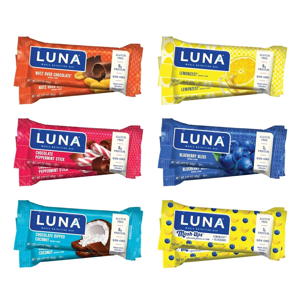 Barre LUNA - Boîte de variétés - 6 arômes - Barres de snack - Non-OGM - Barres protéinées sans gluten - Fabriquées avec de l'avoine biologique (12 Pack)