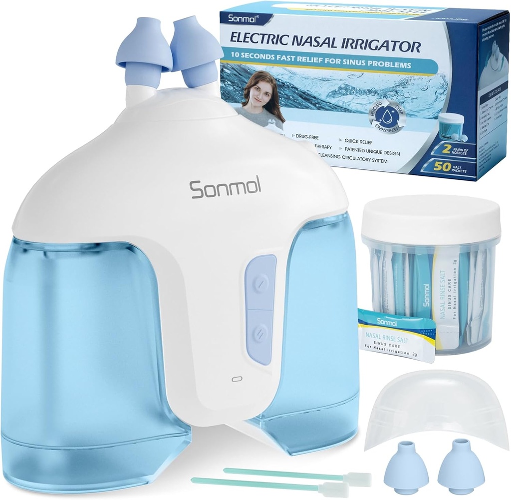 Sonmol Electric Nasal Irrigation System (Nasal Irrigation, Bleu), Nettoyeur Nez pour Sinus Adulte, Nettoyeur Nasal auto-nettoyant avec 50 paquets Saline