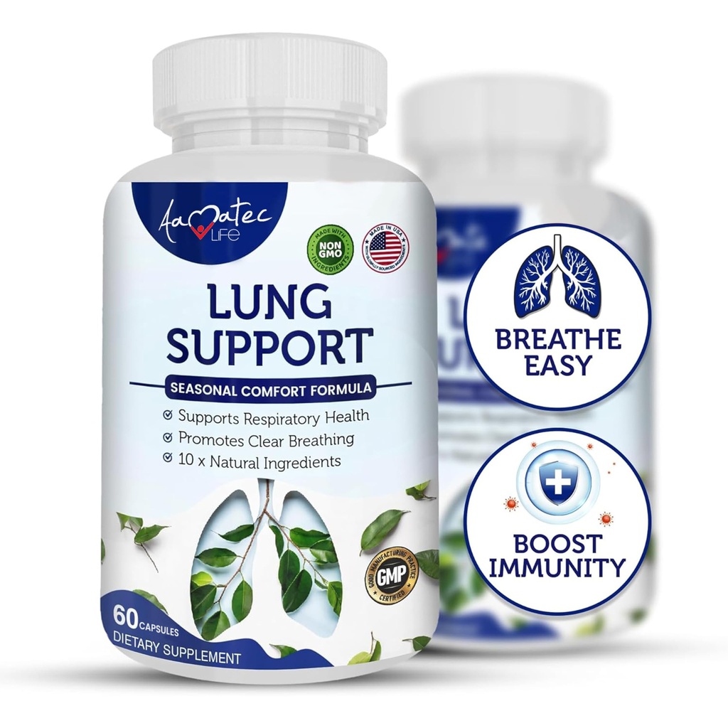 Soutien pulmonaire Suppléments diététiques Soutien à la respiration à base de plantes 10 ingrédients actifs Formule originale pour la santé pulmonaire Lung Cleanse Formule Supplément pour le système Bronchial 60 Capsules Non OGM