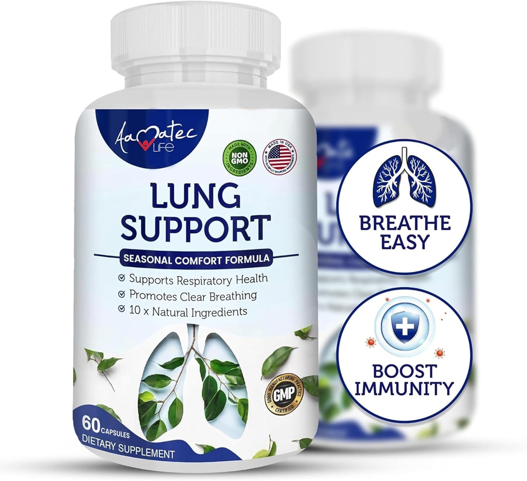 Soutien pulmonaire Suppléments diététiques Soutien à la respiration à base de plantes 10 ingrédients actifs Formule originale pour la santé pulmonaire Lung Cleanse Formule Supplément pour le système Bronchial 60 Capsules Non OGM