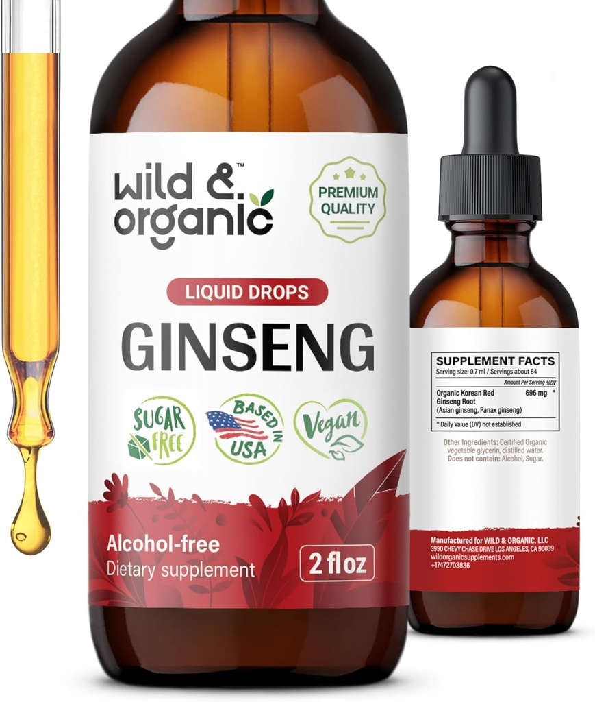 Extrait de ginseng rouge coréen sauvage et biologique - Supplément de ginseng Panax pour le soutien immunitaire - Teinture de racine liquide pour le bien-être général - Vegan, sucre et sans alcool - 2 fl oz