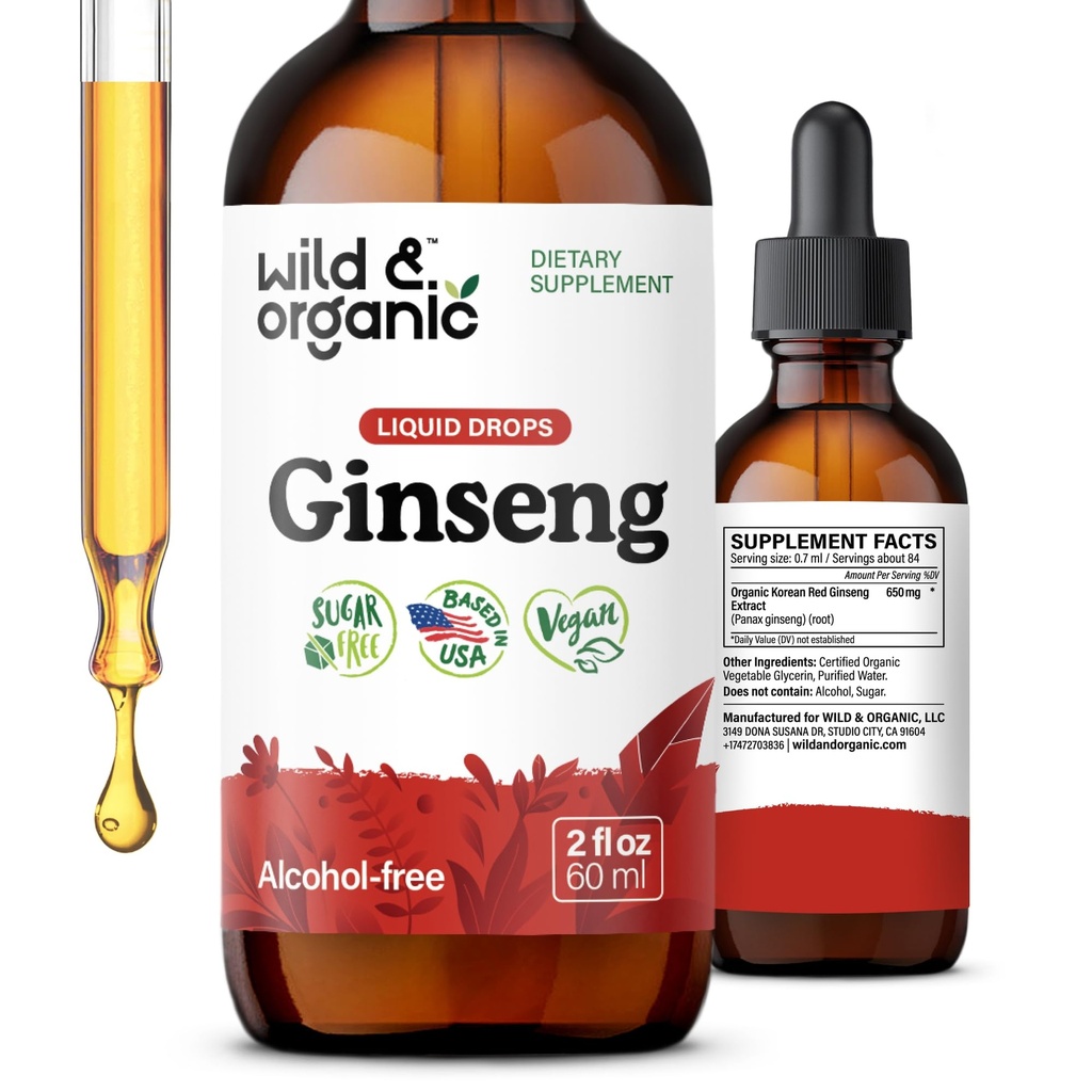 Extrait de ginseng rouge coréen sauvage et biologique - Supplément de ginseng Panax pour le soutien immunitaire - Teinture de racine liquide pour le bien-être général - Vegan, sucre et sans alcool - 2 fl oz