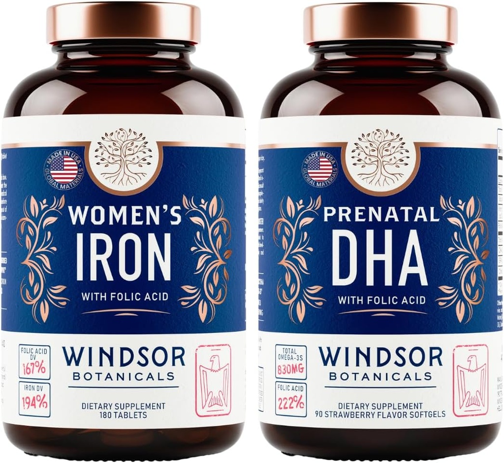 BOTANIQUES DE WINDSOR DHA prénatal et pilules de fer pour les femmes avec acide folique - Ensemble de vitamines prénatales