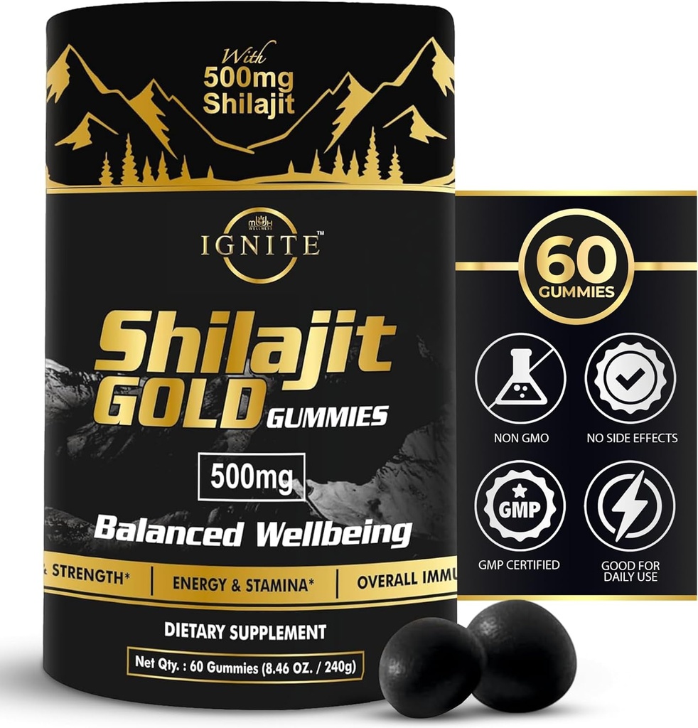Gommies pures de Shilajit d'Himalaya – Acide Fulvic à 75%+, grade d'or de haute puissance – Mélange pour l'énergie, la vitalité et le soutien immunitaire, Voyage - Friendly, Saveur Tamarin – 60 Gommies