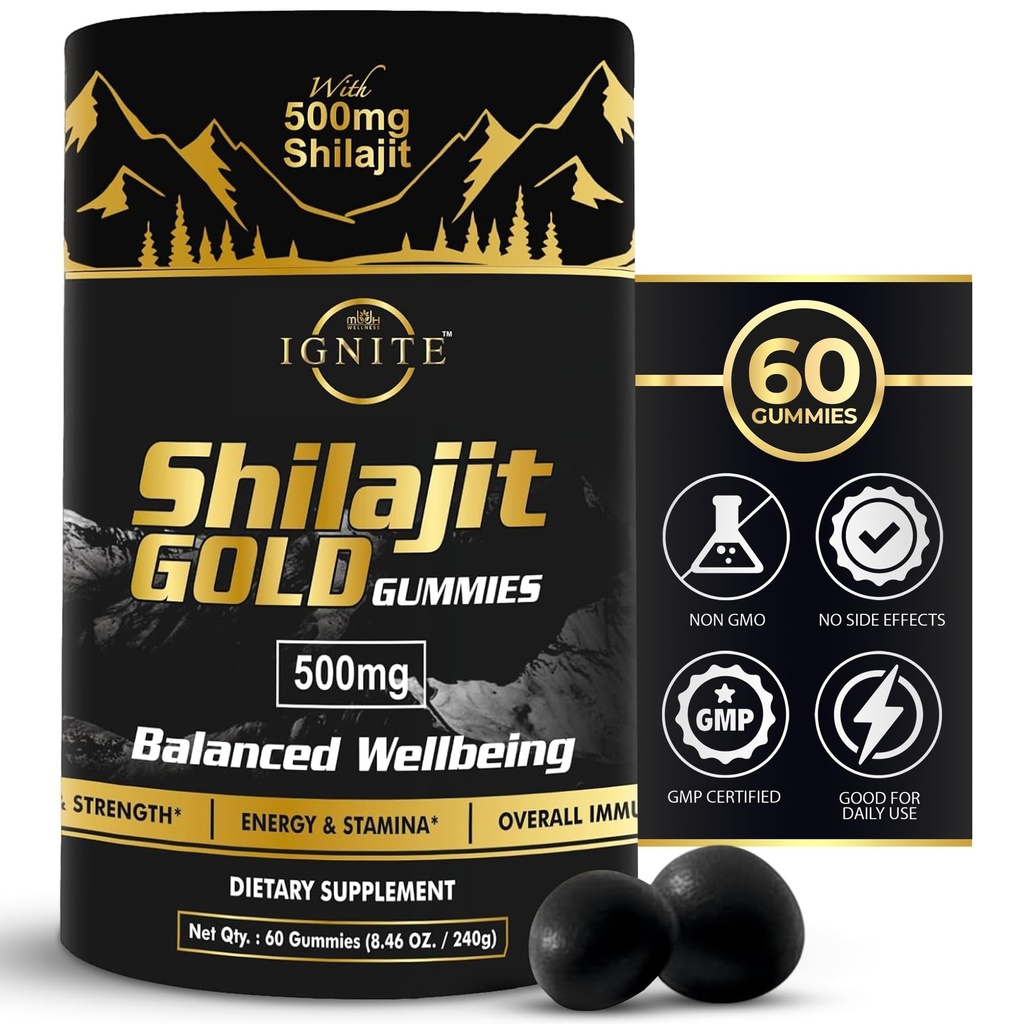 Gommies pures de Shilajit d'Himalaya – Acide Fulvic à 75%+, grade d'or de haute puissance – Mélange pour l'énergie, la vitalité et le soutien immunitaire, Voyage - Friendly, Saveur Tamarin – 60 Gommies