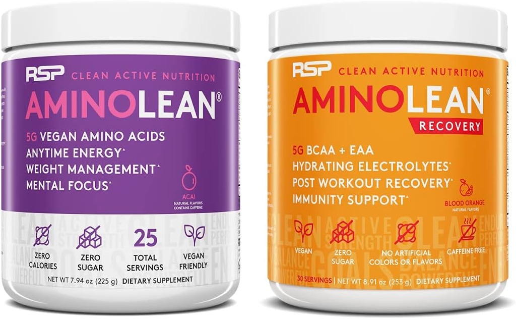 RSP NUTRITION AminoLean Vegan Énergie de préentraînement (Acai 25 services) avec AminoLean Recovery Recovery Post Workout Boost (Blood Orange 30 services)